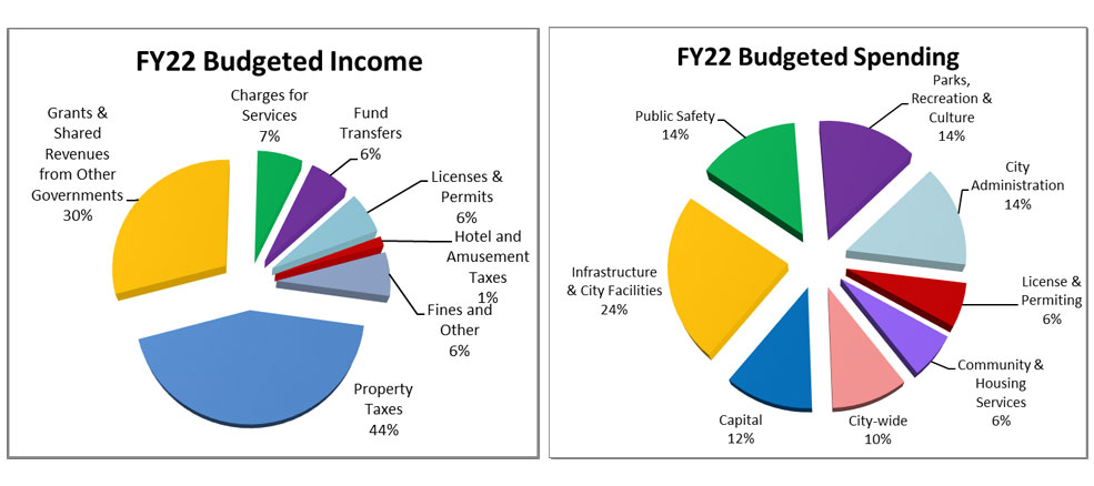 Pie charts showing the current budget allocations